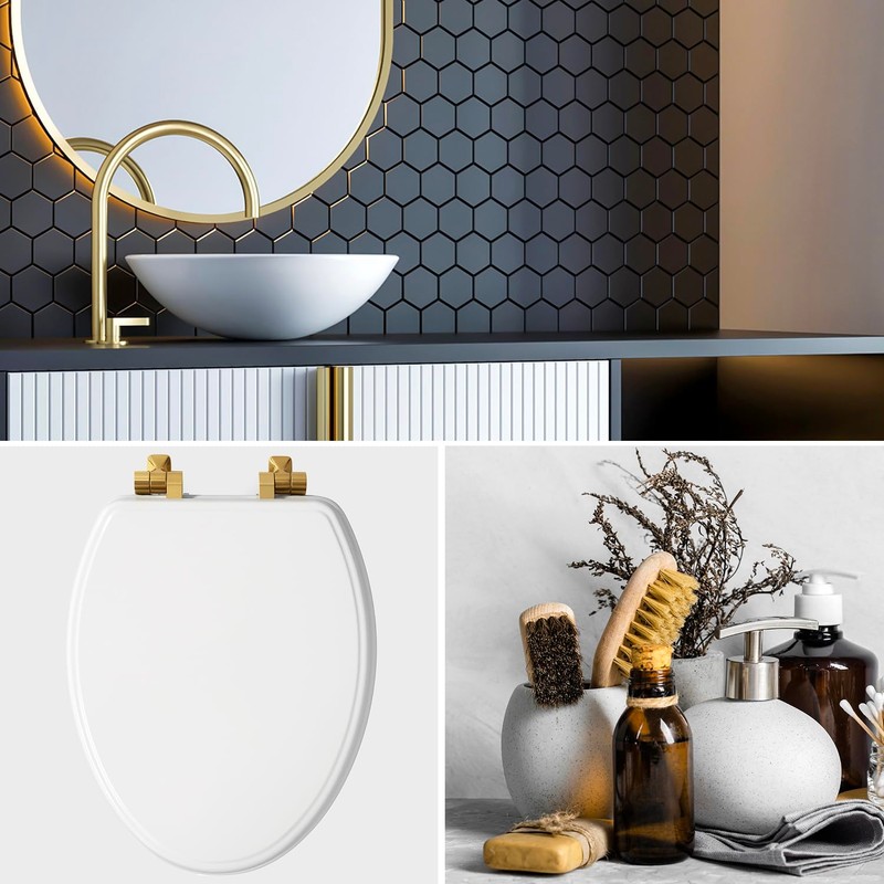 Mayfair Bennett Toilet Seat with Brushed Gold Hinges, Slow Close