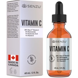 Canadian 20% Vitamin C Facial Serum with Niacinamide, Hyaluronic Acid & Vitamin E – Anti-aging formula to reduce fine lines and wrinkles. 60ml / 2oz.