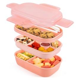 Uandhome Bento Box Adult Lunch Box ，72oz Stackable Bento Lunch Box for Adults, 3 Layers Bento Lunch Containers Leak-Proof Lunchbox with Utensil Sauce Dressing Containers for Dining Out,Work (Pink)