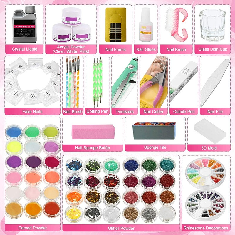 TEEROVA Nail Art Kit, 42 Acrylic Powder Liquid Brush Glitter