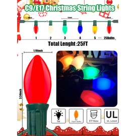 Romasaty C9 Multicolor Christmas Lights, 25Ft Vintage Christmas Lights with 26 Ceramic Colorful Bulbs, Hanging Connectable Christmas String Lights for Patio Garden Holiday Home Christmas Decor
