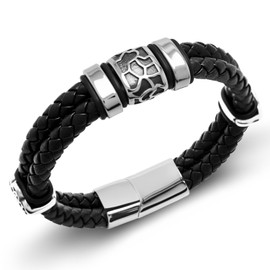 AIZU Leather Bracelet for men - Black Braided Genuine Mens leather Bracelet Cuff Wristband with Stainless Steel Magnetic Clasp in silver for Husband, Son Gift