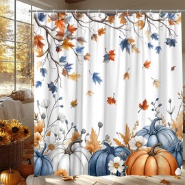 HWSSHW Fall Shower Curtain Autumn Pumpkin Maple Leaf Blue and Orange Watercolor Floral Thanksgiving Rustic Farmhouse Harvest Fabric Bathroom Decor Bath Curtain with Hooks