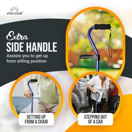 VIVA CARE Walking Cane with 4 Prongs and Extra Handle – Adjustable, for Balance & Stability for Adults, Seniors, and Injured. [Blue]