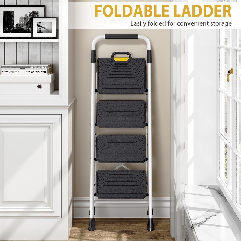 KINGRACK Sturdy Steel 4 Step Ladder, Folding Step Stool with