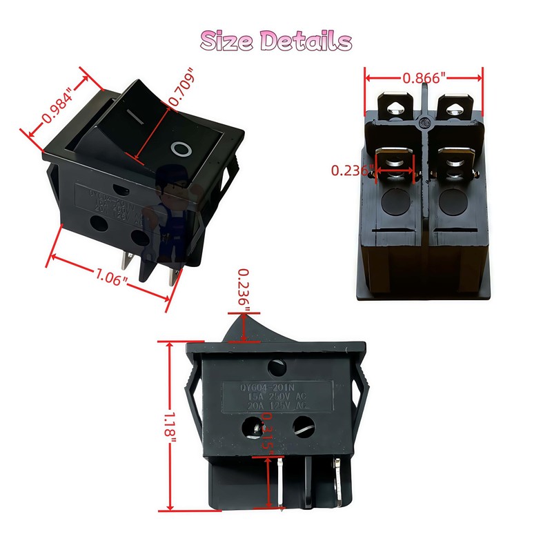 Rocker Switch 15A-20A 125-250V AC 4 Pins 2 Position Toggle