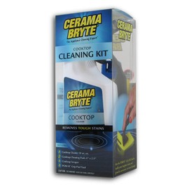 Cerama Bryte - Cooktop Cleaning Kit - Includes 10 oz. Bottle of Cerama Bryte Cooktop Cleaner, 2 Cleaning Pads, 1 POW-R Grip Pad Tool and 1 Scraper packed in Reusable Container, White (SYNCHKG114607)