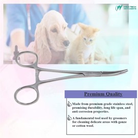 Pet Groomer Dog/Cat Hemostat Forceps 5" Hair Puller with CRV Serrated Tips Ear Care Multipurpose Ratchet Locking Clamps Made of Stainless Steel Helps in Cleaning Paws, Nose, Furs - Full Silver