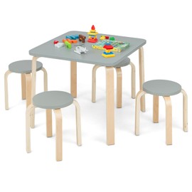 INFANS Kids Wooden Table and Stool Set, 5-Piece Activity Table with 4 Stools for Toddler Building Block Drawing Reading Art Crafts, Children Natural Furniture Set for Kindergarten Classroom