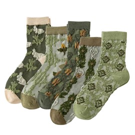 DXYAKY 5 Pairs Womens Floral Cotton Socks Vintage Patterned Crew Socks Novelty Ankle Ruffled Warm Casual Dress Socks (5 Pairs - Green)
