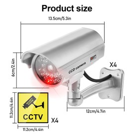 GAOUTO Pack of 4 dummy cameras, dummy CCTV, dummy surveillance camera with flashing LED, fake security camera, outdoor camera, fake camera for home, office, surveillance, silver