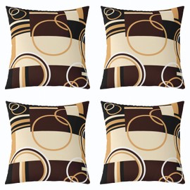 Modern Geometric Throw Pillow Covers 16x16 Set of 4 Brown Black Stripes Cushion Covers For Lumbar Support Bedroom Retro Circle Swirls Pillow Covers Abstract Texture Decorative Accent Pillow Cases