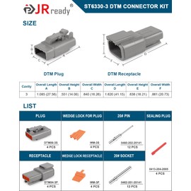 JRready ST6330-3 Pin Connector 4 Kit, Deutsch DTM Connector Kit with Size 20 Solid Contacts 20-22AWG 12Pairs, Waterproof Automotive Electrical Connectors for Cars, Motorcycle, Truck, Marine