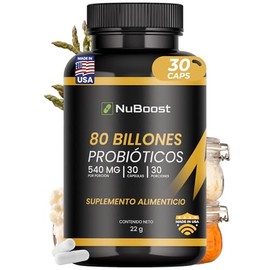 NUBOOST Probioticos y Prebioticos 80 Billones  Suplemento Alimenticio con 10 Cepas de Lactobacilos e Inulina de Agave, 30 Cápsulas para Apoyo...      