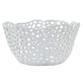 Benjara Hina 14 Inch Decorative Bowl, Mesh Design, Wavy Edges, Ceramic White Finish