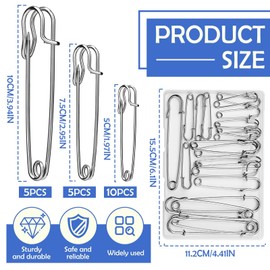 Ftyiwu Large Safety Pins, 20 Pack Heavy Duty Safety Pins 3 Size 2" 3" 4", Stainless Steel Safety Pin for Clothes, Blankets, Laundry, Leather Canvas, DIY Crafts (Silver)