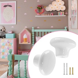 Qjaiune 5pcs Ceramic Cabinet Knobs White Drawer Knobs, Round Shaped Dresser Knobs Cute Kitchen Cabinet Pull Handles, Small Vanity Knobs Hardware Closet Cupboard Knobs for Kids Girls Children's Bedroom