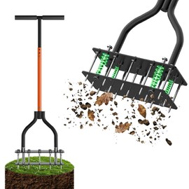 Sino Salected Manual Lawn Aerator Tool, Automatic Dirt and Leaf Clean Design, with 15 Iron Spikes Adjustable Height, Double-Layer Spring, for Loosening Soil Aerating Patio, Yard, Garden, (Black)