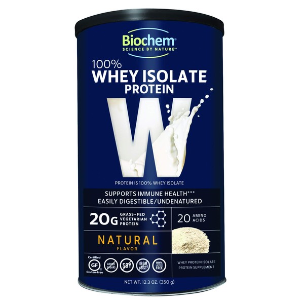 Biochem 100% Whey Isolate Protein - Natural Flavor - 12.3 oz - 20g of Protein - Pre & Post Workout - Meal Replacement - Keto-Friendly - Easily Digestible - Silky Smooth Taste - Easy to Mix