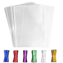 LEOSINDA Clear Cellophane Treat Bags 100pcs 7 X 12 In Clear Cellophane Bags with 6 Mix Colors Twist Ties for Gift Wrapping,Packaging Candies,Cookie，Dessert,Bakery, Popcorn, Chocolate,Party Favor