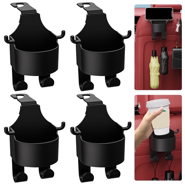 NAVESO 4Pcs Car Cup Holder Back Seat, Multifunctional Hook for Car Seat Back, Universal Car Drink Cup Holder, 2 in 1 Car Hook & Backseat Cup Holder, Car Seat Headrest Cup Holder with Hooks (Black)