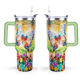 omezin 40 Oz Butterfly Theme Tumbler With Handle With Lid Straw Double Insulated Travel Coffee Cup Butterfly Gifts For Women