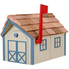 Amish Cedar Roof Wooden Mailbox with Window & Door Trim (Beige with Blue Trim)