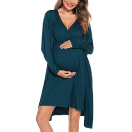 SWOMOG Maternity Nursing Gown and Robe Set for Women 3 in 1 Labor Delivery Nursing Nightgown Breastfeeding Bathrobe Blue Green