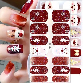 NEWSPIED Christmas Gel Nail Stickers Glitter Snowflakes Nail Wraps Stickers Self-Adhesive Santa Claus Xmas Trees Elk Snowman Nail Design Gel Nail Polish Strips for Christmas Party Nail Decor 4 Sheets