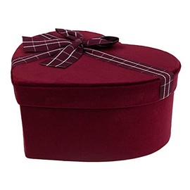 Emartbuy Rigid Luxury Hearts Shaped Presentation Velvet Gift Box, 24.5 cm x 19 cm x 11 cm, Burgundy Gift Box with Black Interior and Striped Decorative Ribbon