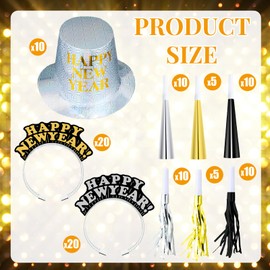 Shappy 100 Pcs New Years Eve Party Supplies New Year's Eve Party Kit 10 New Years Party Top Hat 40 Tiara 50 Noisemaker Decor(Gold, Silver, Black)