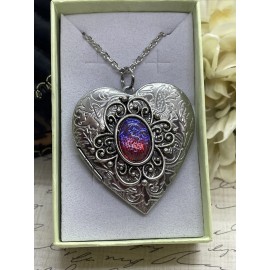 FANCY FOX BOUTIQUE Mexican Fire Opal Birthday Slvr Heart Engraved Valentine’s Day Locket Necklace