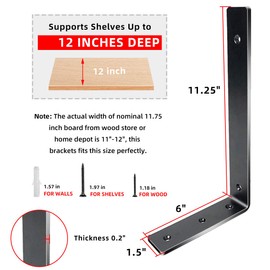 Black Shelf Brackets 12 Inch Heavy Duty Metal Shelf Supports Holders, Rustic Decorative Iron L Angle Brackets for Shelves Wall Mounted (6 Pack)