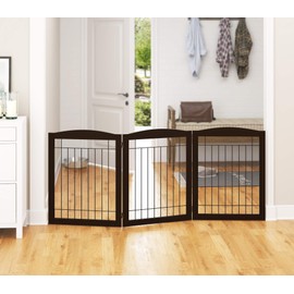 PAWLAND Extra Wide Dog gate for The House, Doorway, Stairs, Freestanding Foldable Wire Pet Gate, Pet Puppy Safety Fence,30" Height (Espresso, 3 Panels)