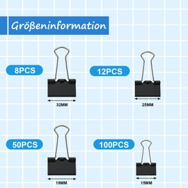 Pack of 170 Foldback Clips Set, 15 mm/19 mm/25 mm/32 mm, Black Binder Clips, Paper Clips, Paper Clips, Paper Clips for School, Office Supplies, Stationery Notes