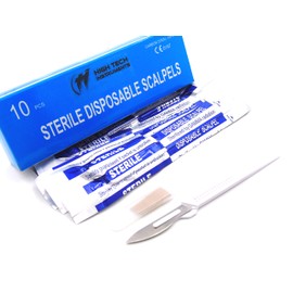 Disposable Scalpels High-Carbon Steel Blades, Plastic Graduated Handle, Sterile, Individually Foil Wrapped, Box of 10 (Disposable Scalpel #24)