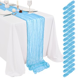 16 Pack Light Blue Cheesecloth Table Runner 17 x 108 Inch Light Blue Boho Gauze Cheese Cloth Table Runner Sheer Fabric Rustic Romantic Wedding Table Decoration for Wedding Bridal Baby Shower Party
