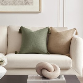 Meekio Set of 2 Sage Green Pillow Covers 18 x 18 inches Neutral Pillow Covers Textured Throw Pillow Covers with Tassels for Neutral Home Decor