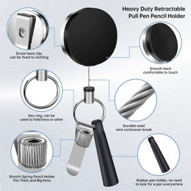 pasezenn 2 Pack 35" Steel Wire Heavy Duty Retractable Pull Pen Pencil Holder, Flexible Silicone Pen Holder and Metal Pen Clip Ideal for Carpenters, Nurses, Construction Workers,Waitstaff