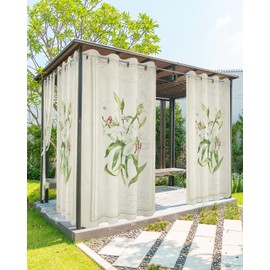 YESOF66 Patio Outdoor Curtains Waterproof Outside Curtains Vintage Country Plant Lilies Flower Grommet Top Indoor Outdoor Vertical Drapes for Porch, Pergola, Cabana, 2 Panel, 52 x 95 inch