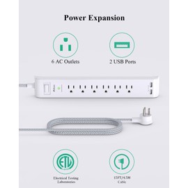 2 Pack Power Strip - 15FT Long Extension Cord, Surge Protector with 6 Outlets and 2 USB Charging Ports, Flat Plug Overload Protection, (1625W/13A/900J), Wall Mount for Home Office and Dorm, ETL Listed
