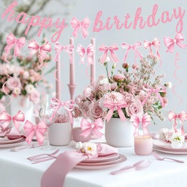 Pink Bow Happy Birthday Banner Garland and Hanging Swirls for Girl Pink Bow Coquette Birthday Party Decorations