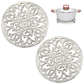 Sumnacon 2 Pcs Cast Iron Trivet 6.7 Inch Iron Trivet for Hot Dish Pot Pan Plate Teapot,Heat Resistant Cast Iron Trivet for Kitchen Dining Table Cooktop Stove,Retro White Round Trivet with Rubber Feets