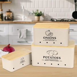 Dekosilave Kitchen Vegetable Storage Set of 3, Metal Onion Garlic Potato Storage Set, Kitchen Canisters Vegetable Keeper Containers with Aerating Holes and Wooden Lid (Beige)