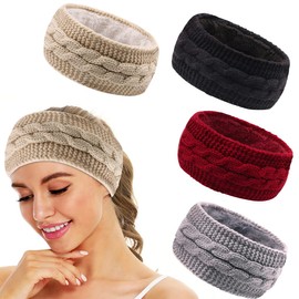4 Pieces Hair Band for Women Winter Headbands Knitted Girl's Headband with Lining plus Velvet Headbands Winter Earmuffs (Set-C)