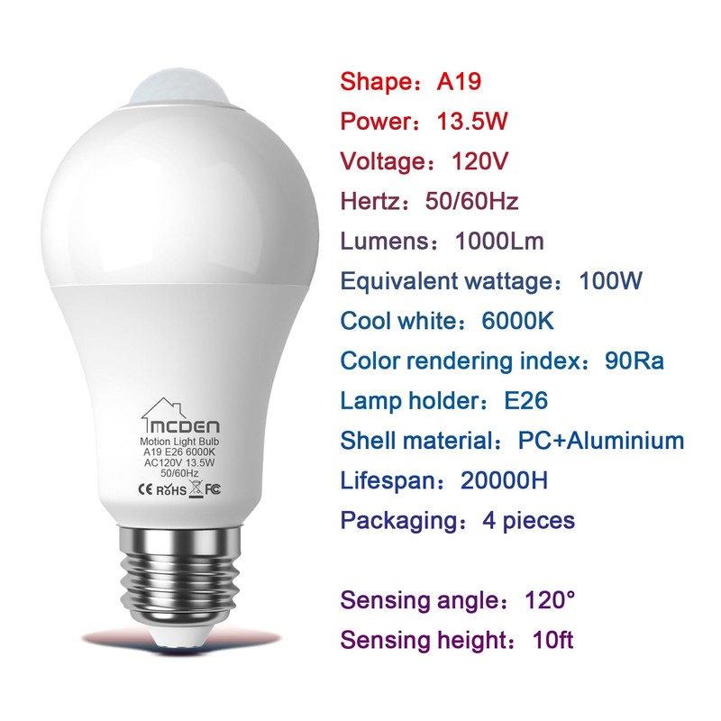 McDen Motion Sensor Light Bulb, Indoor Motion Activation Detector Light