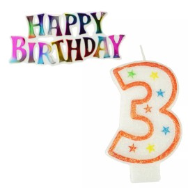 Homeford Glitter Number 3 Candle and Happy Birthday Sign, 3-3/8-inch, 2-piece