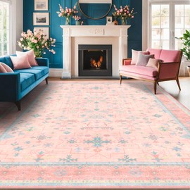 Hazo Haus Pink and Blue Boho Living Room Rug 8x10 Area Rug for Bedroom Girls Modern Floral Soft Rug Washable Low Pile Non Slip Stain Resistance Distressed Rug (8x10 Pink/Blue)