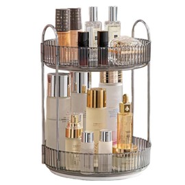 CESTATIVO Makeup Organizer for Vanity, 360° Rotating Bathroom Organizer Countertop, High-Capacity Skincare Organizer, Spinning Cosmetics Organizer for Dresser Countertop (2 Tiers, Grey)