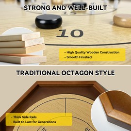 30 Inch Tournament Crokinole Board Game, 2 in 1 Crokinole and Checkers with 26” Playing Surface, Metal Pegs, Wooden Octagon Canadian Tabletop Board Game Krokinole for Families and Friends